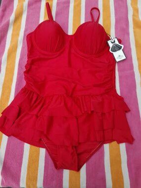 1950's style Red Ruffled Ruched Tiered one-piece swimsuit